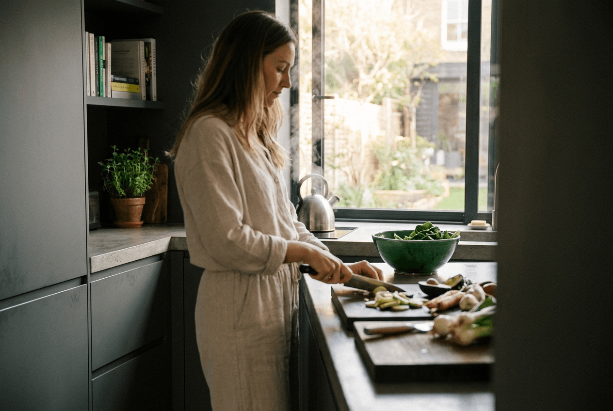 Preparing fresh whole food in a calm, minimal modern kitchen