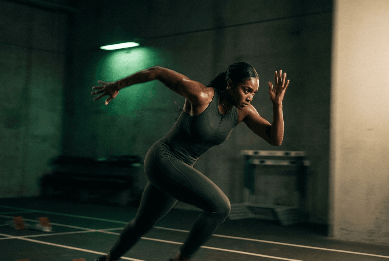 Athlete in explosive sprint motion in a dark performance facility