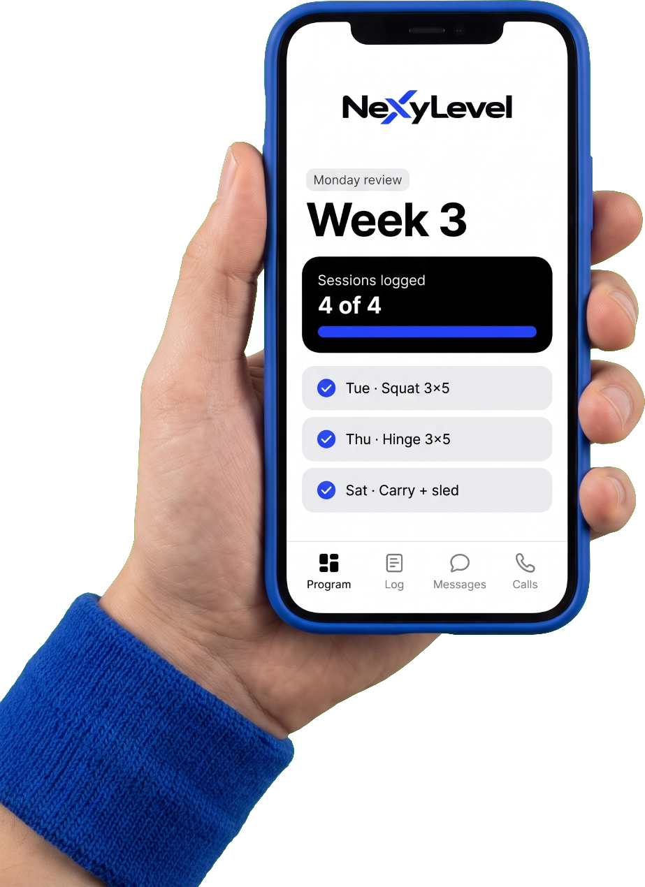 The training app on a phone: Monday review, week 3, 4 of 4 sessions logged