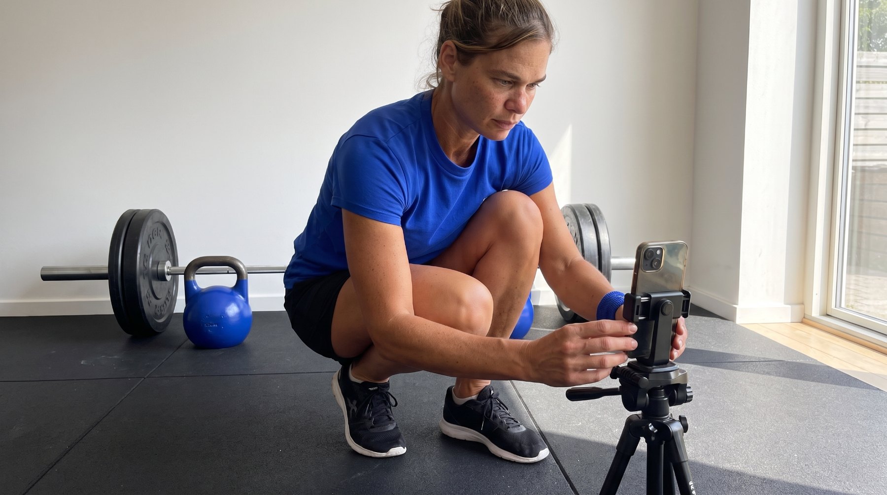 Claire Whitfield setting up a phone on a tripod to film a form-check set in the garage gym